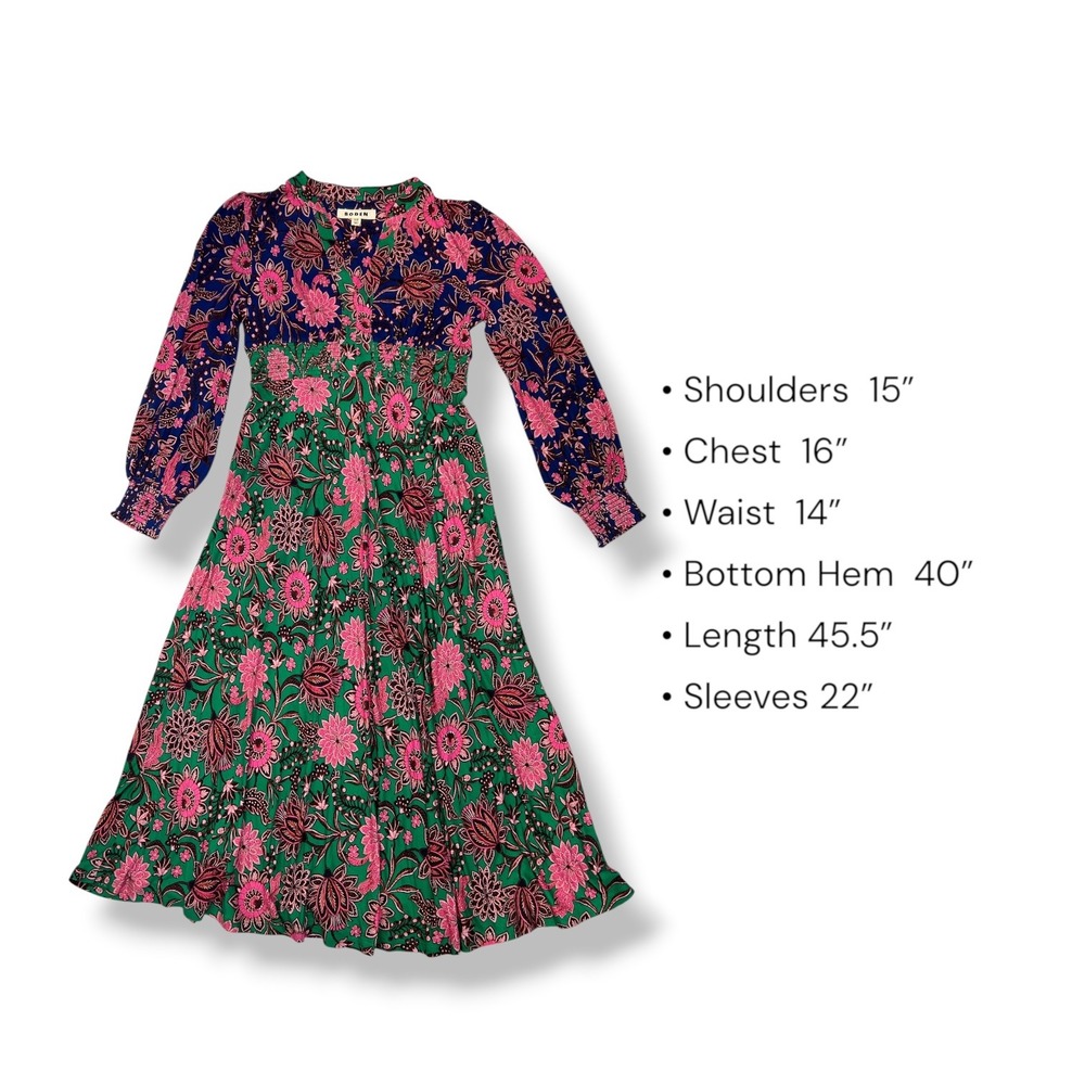 Boden Ivy Smocked Boho Midi Dress 6 Floral Green Pink Cottagecore Long Sleeve - Picture 2 of 9